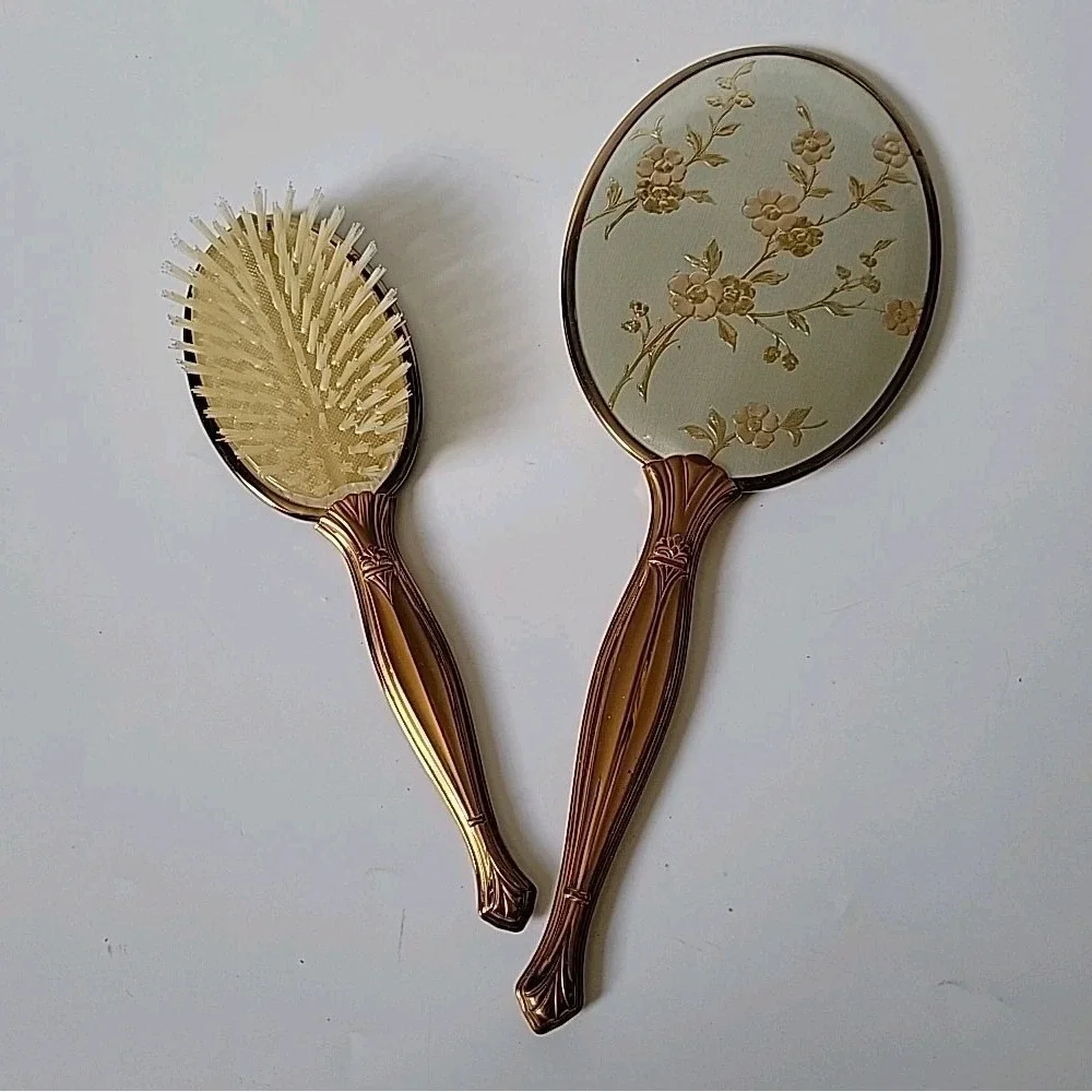 Vintage Handheld‎ Vanity Mirror Brush Set Brass Handle Ornate Floral Art Deco